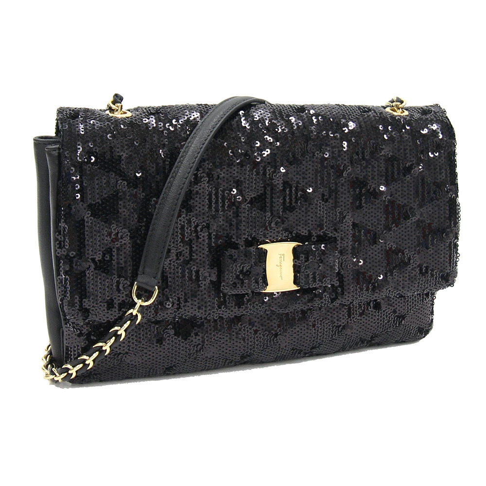 Salvatore Ferragamo Black Vara Shoulder Sequins Chain Rion Crossbody Bag - Picture 2 of 6
